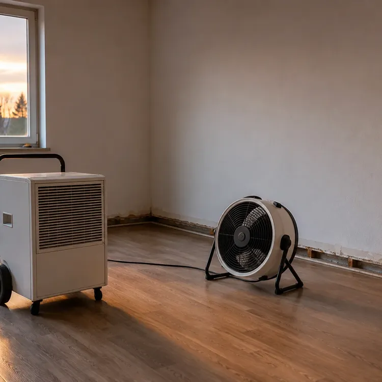 Kondensationstrockner und Ventilator trocknen ein ausgeräumtes Zimmer
