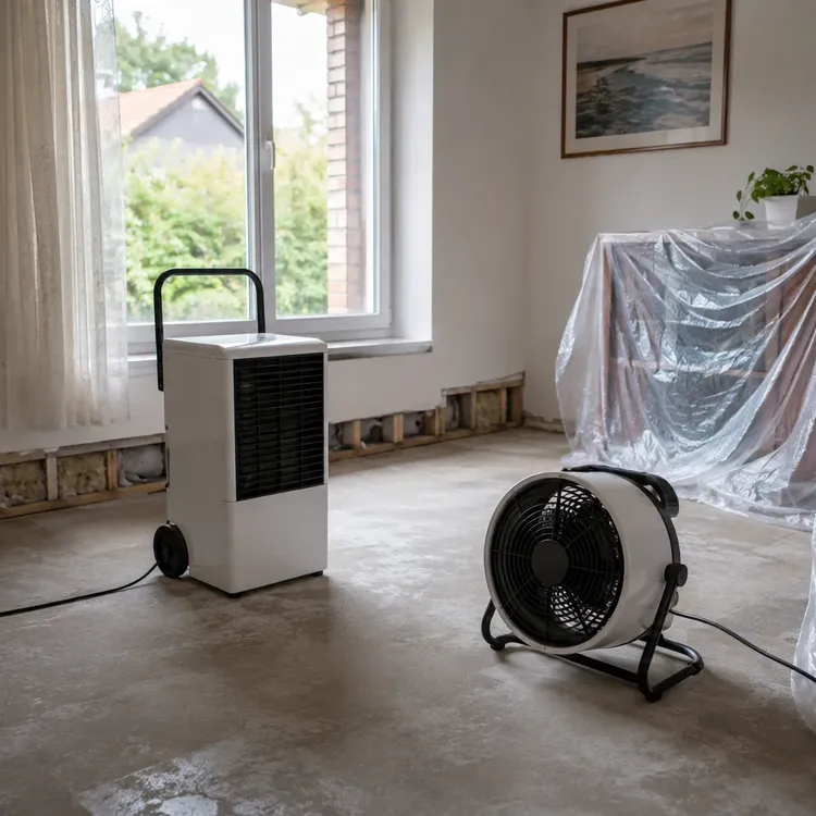 Kondensationstrockner und Ventilator trocknen ein Wohnzimmer nach einem Wasserschaden