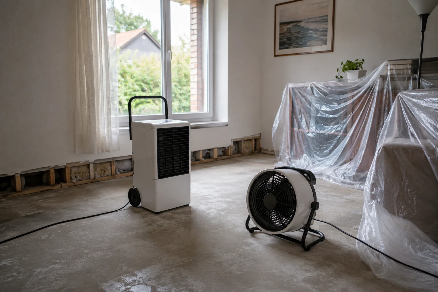 Kondensationstrockner und Ventilator trocknen ein Wohnzimmer nach einem Wasserschaden